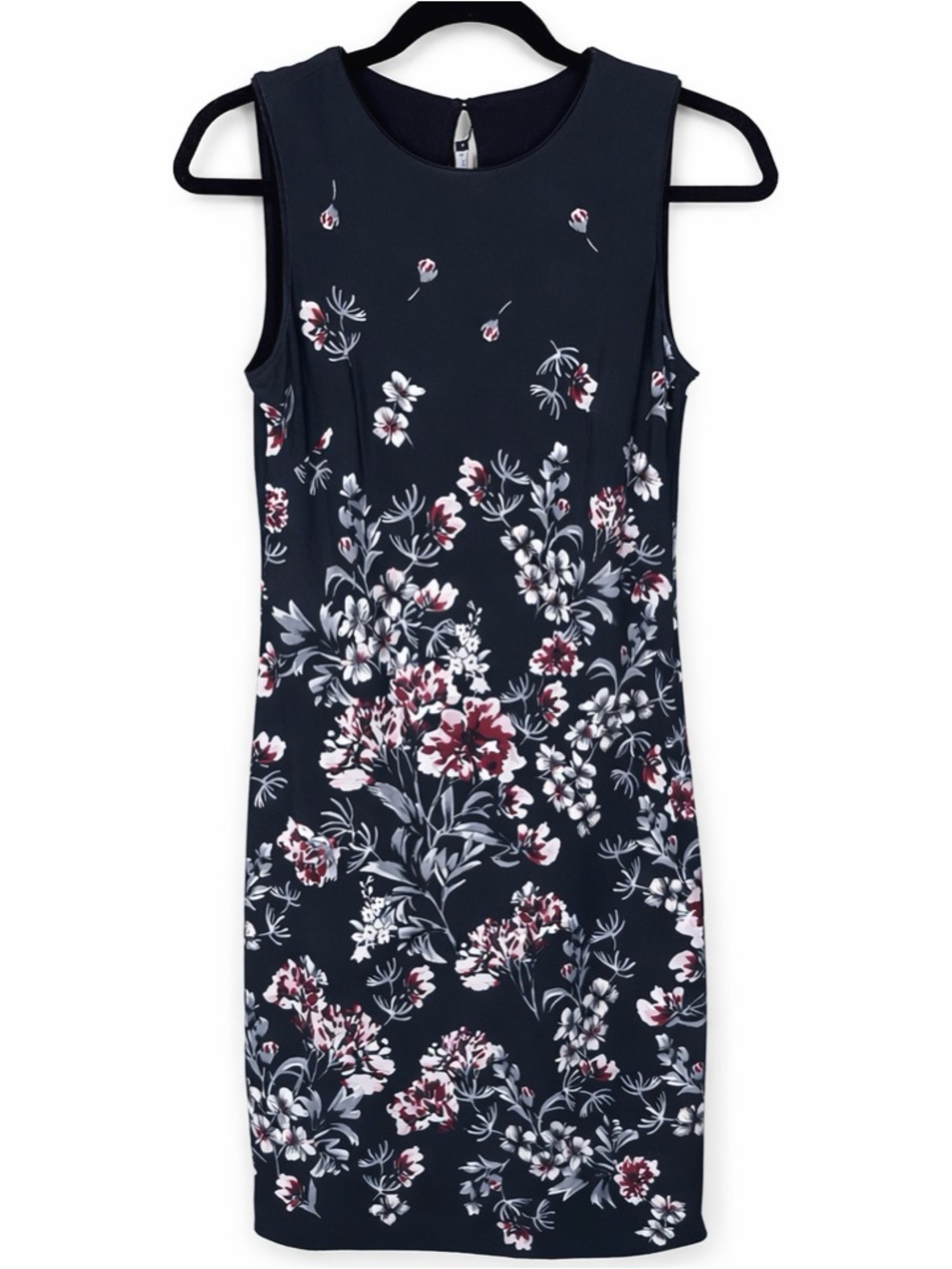 WHBM black pink Floral Sheath Dress XS Black knee length Sleeveless Work Office